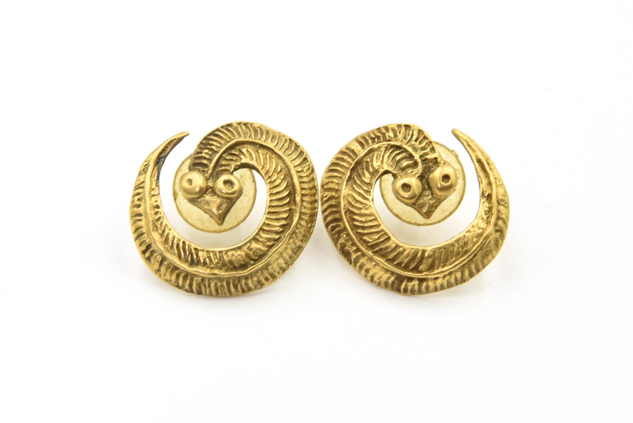 Egyptian Revival Stylized Brass Snake Earrings  7