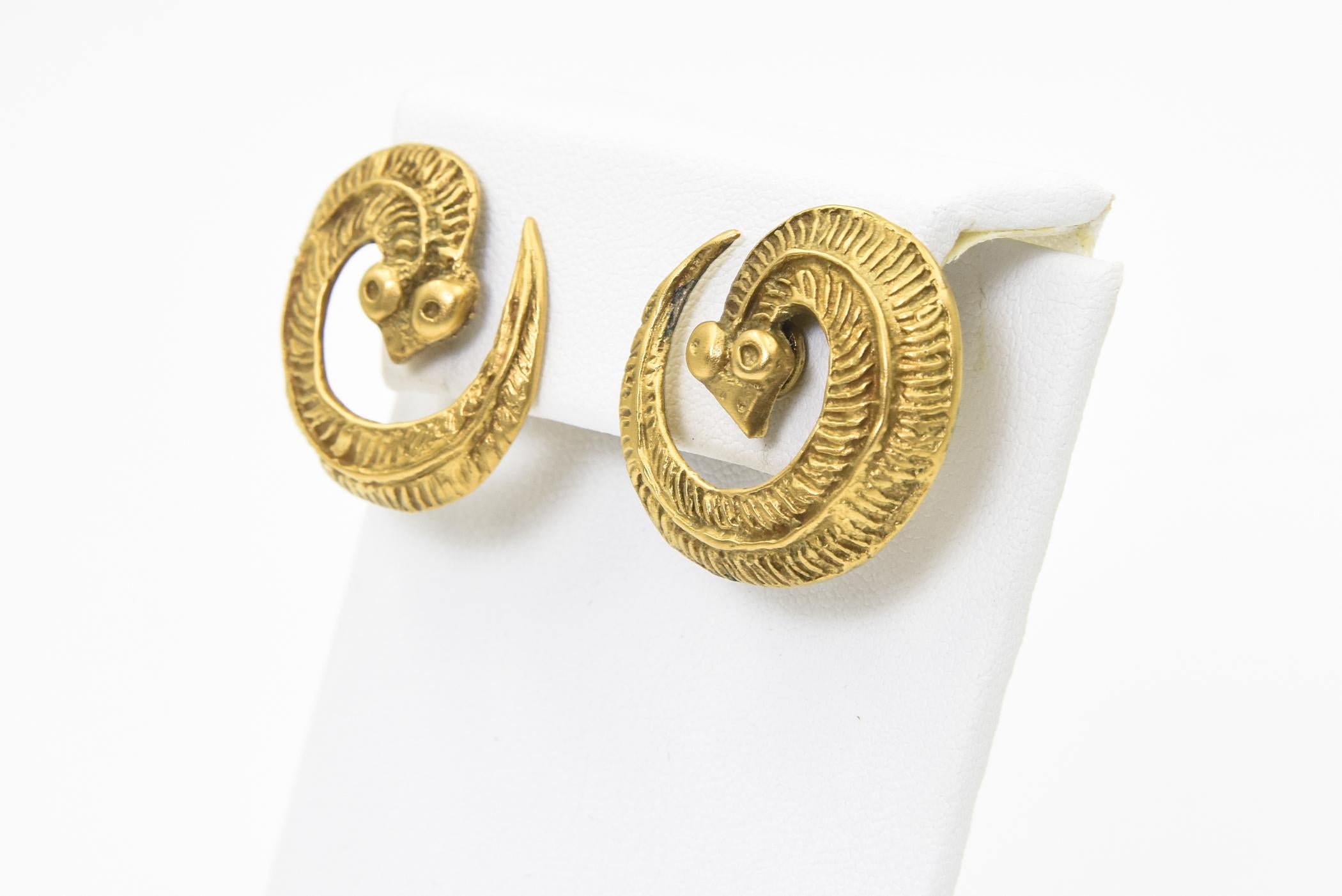 Egyptian Revival Stylized Brass Snake Earrings  In Good Condition In Miami Beach, FL