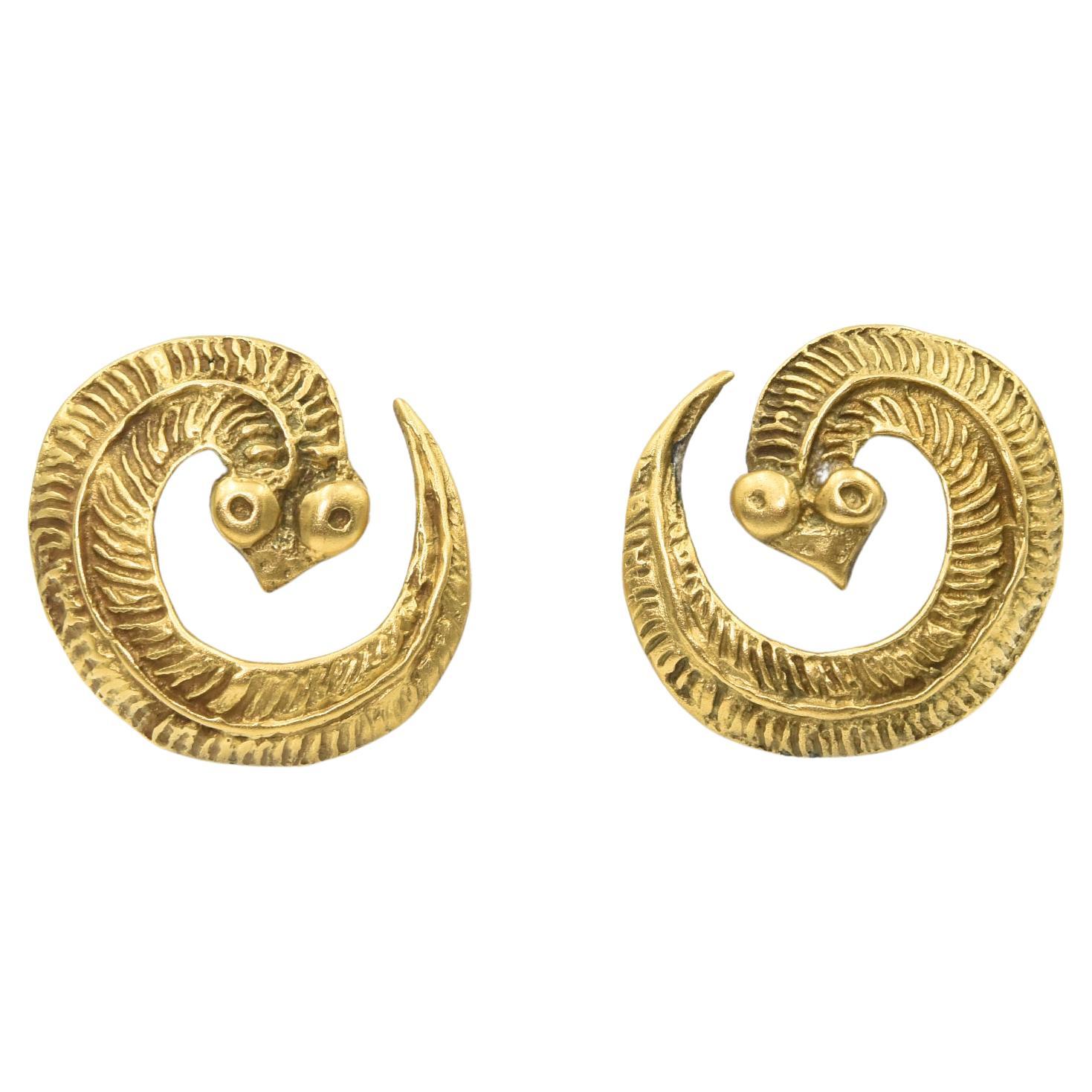 Egyptian Revival Stylized Brass Snake Earrings 