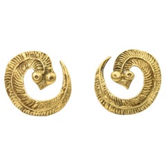 Vintage Egyptian Revival Stylized Brass Snake Earrings 