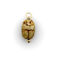 Egyptian Revival Tan Stone Scarab Pendant with 14K Gold Mount