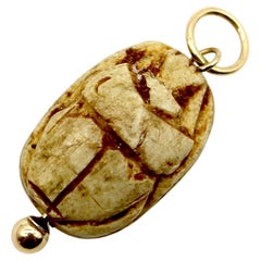 Egyptian Revival Tan Stone Scarab Pendant with 14K Gold Mount