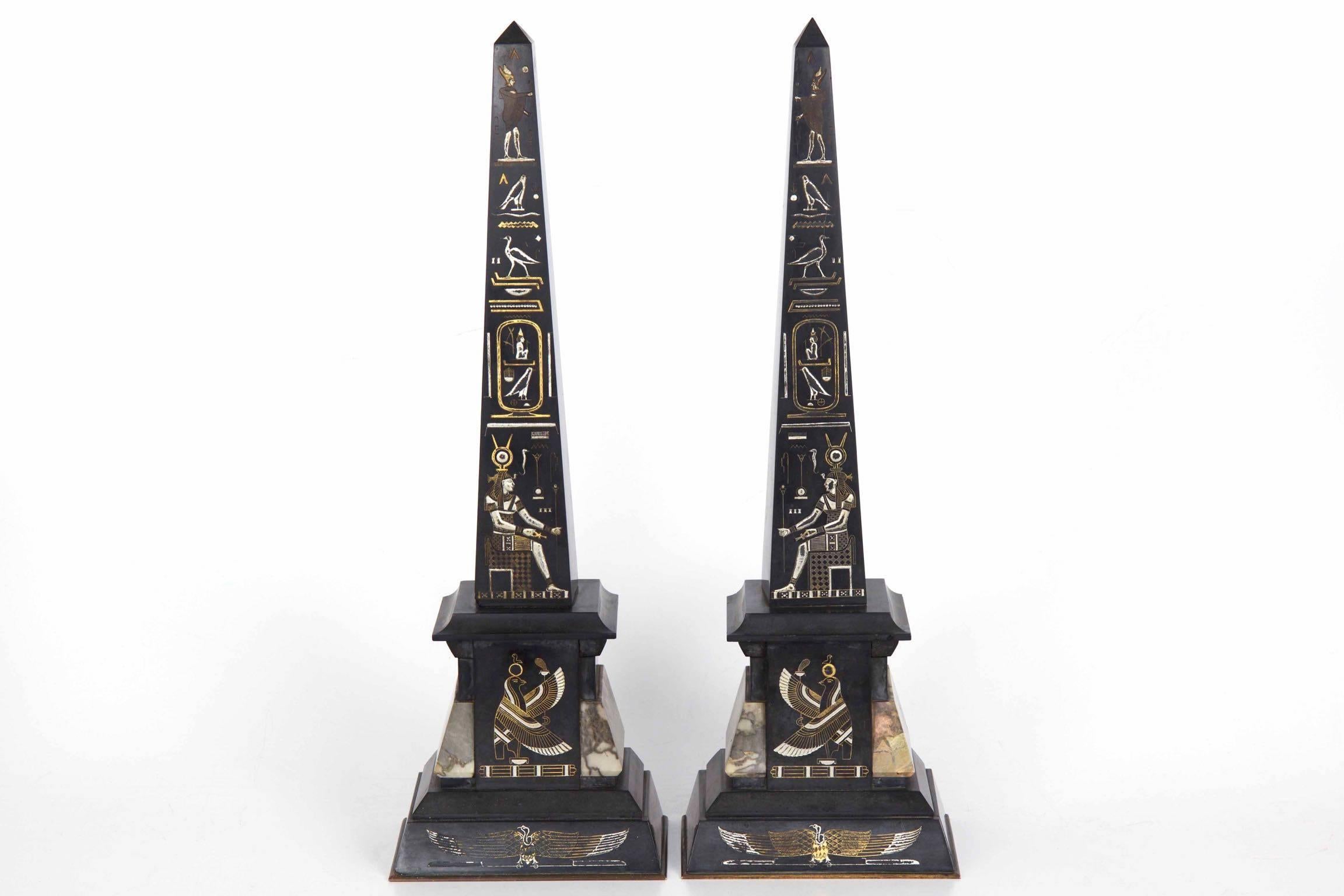 Egyptian Revival Three-Piece Clock Garniture Flanked, Obelisk France, circa 1880 6