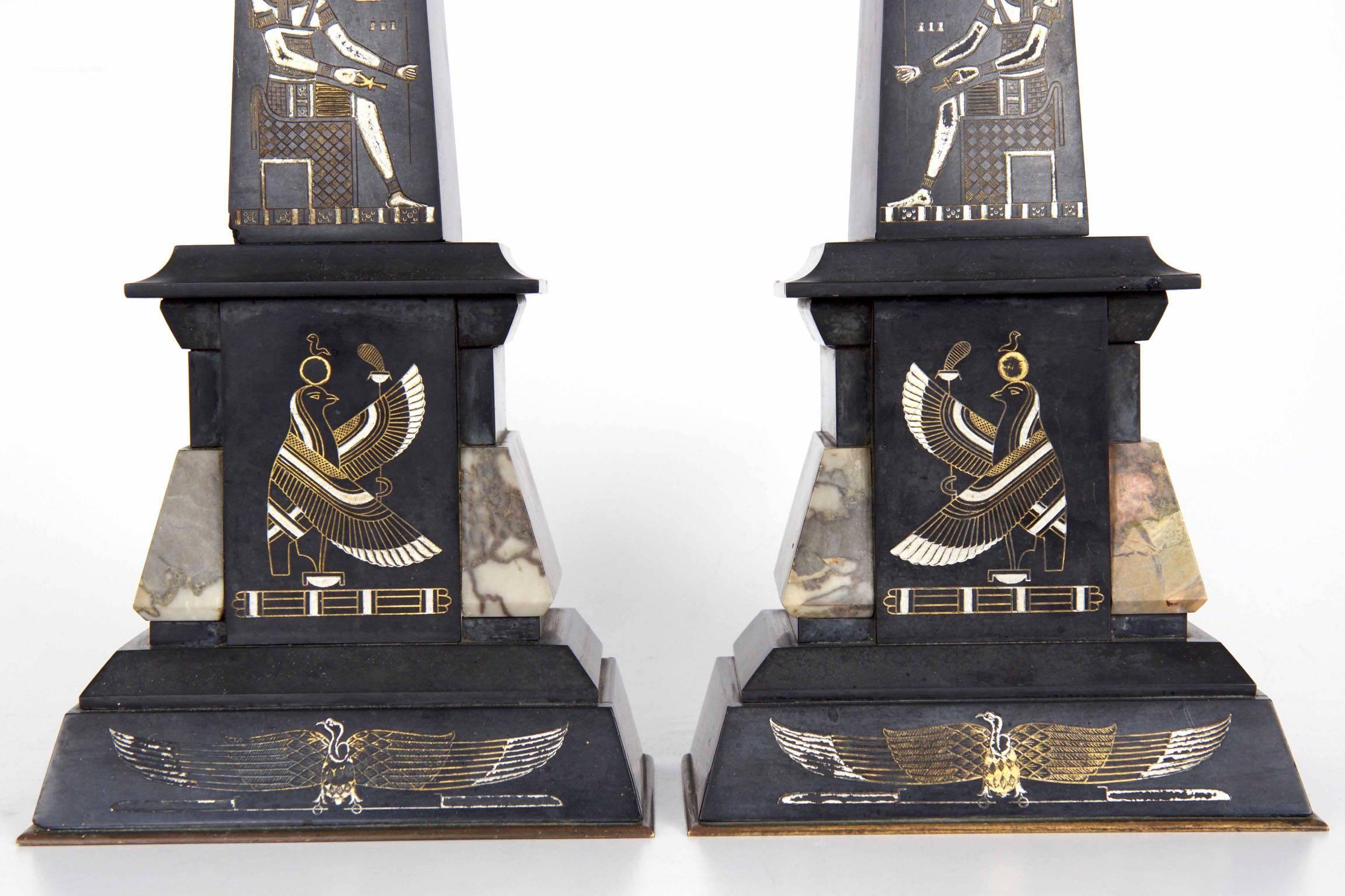 Egyptian Revival Three-Piece Clock Garniture Flanked, Obelisk France, circa 1880 9