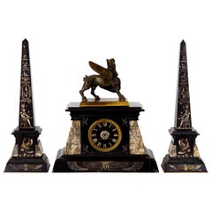 Egyptian Revival Three-Piece Clock Garniture Flanked, Obelisk France, circa 1880