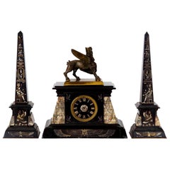 Antique Egyptian Revival Three-Piece Clock Garniture Flanked, Obelisk France, circa 1880