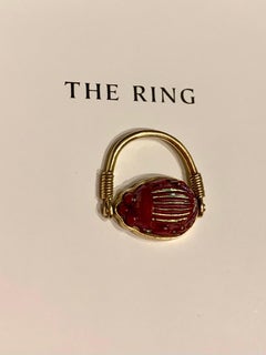 Egyptian Revival Tiffany Red Favrile Glass Scarab 14K Yellow Gold Swivel Ring