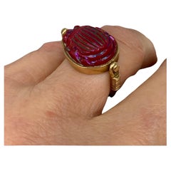 Egyptian Revival Tiffany Red Favrile Glass Scarab 14K Yellow Gold Swivel Ring