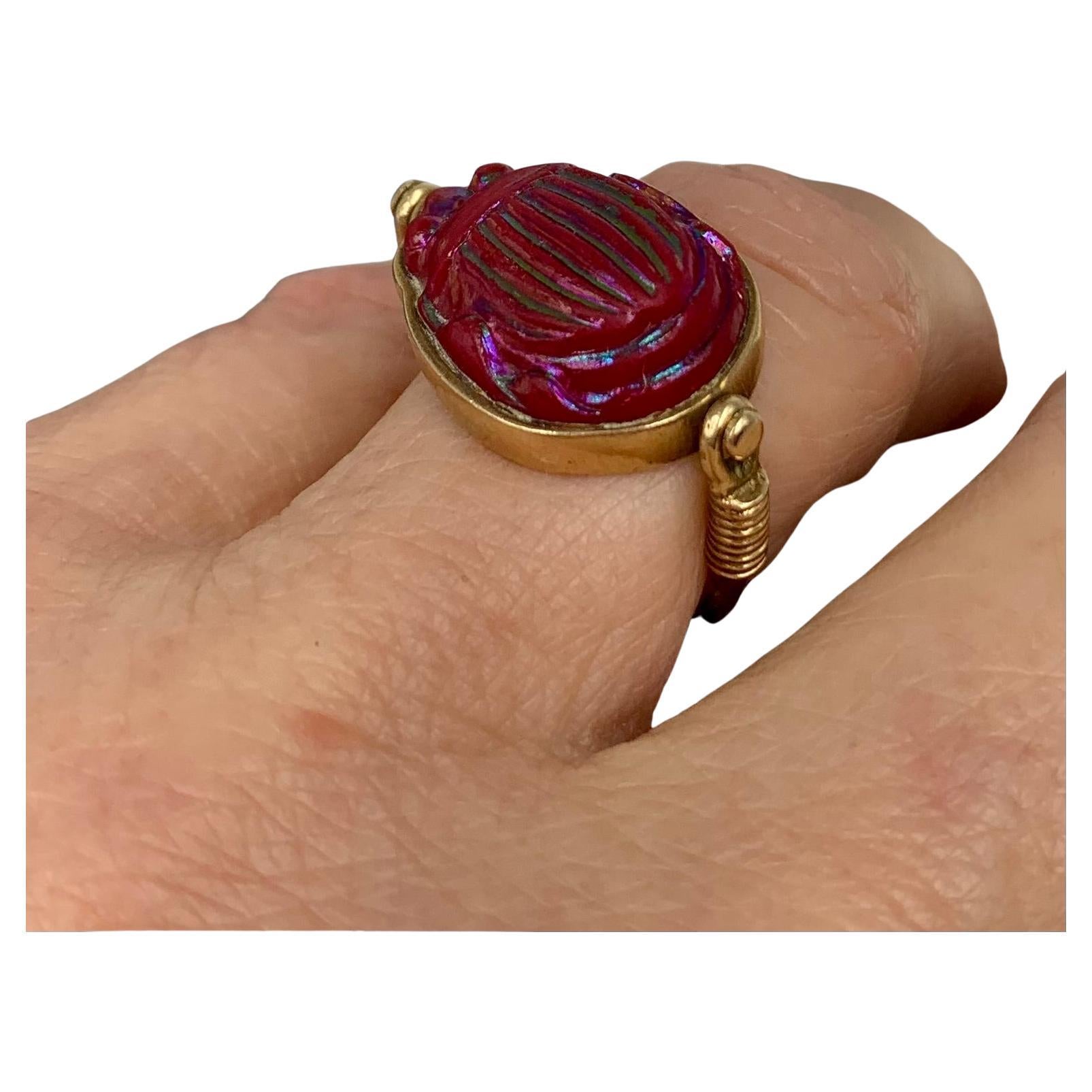 Egyptian Revival Tiffany Red Favrile Glass Scarab 14K Yellow Gold Swivel Ring