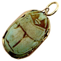 Egyptian Revival Turqoise Faience Scarab Pendant with 14K Gold Mount