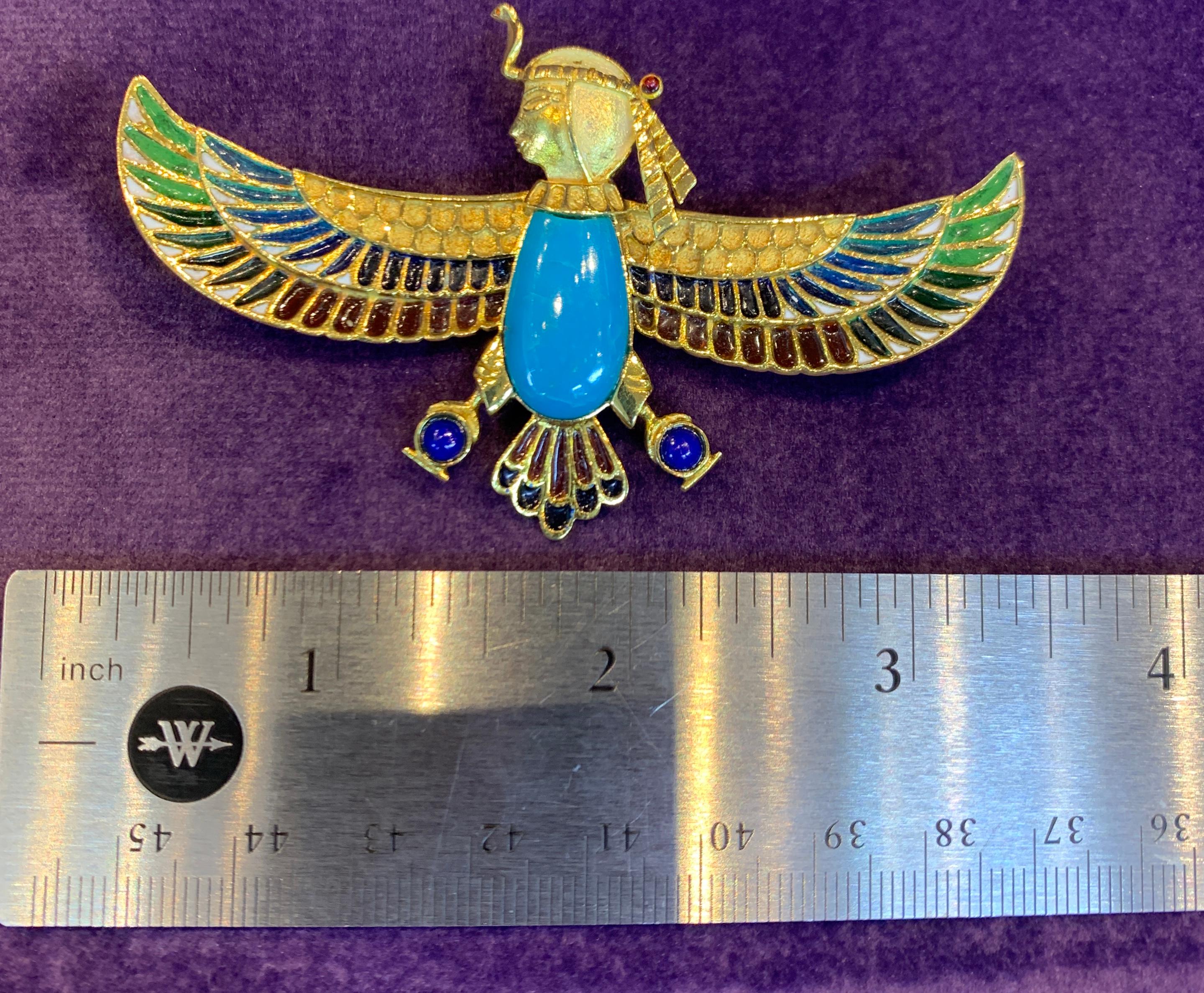 Non taillé Broche sphinx de style néo-égyptien en turquoise et émail plissé « a Jour » en vente