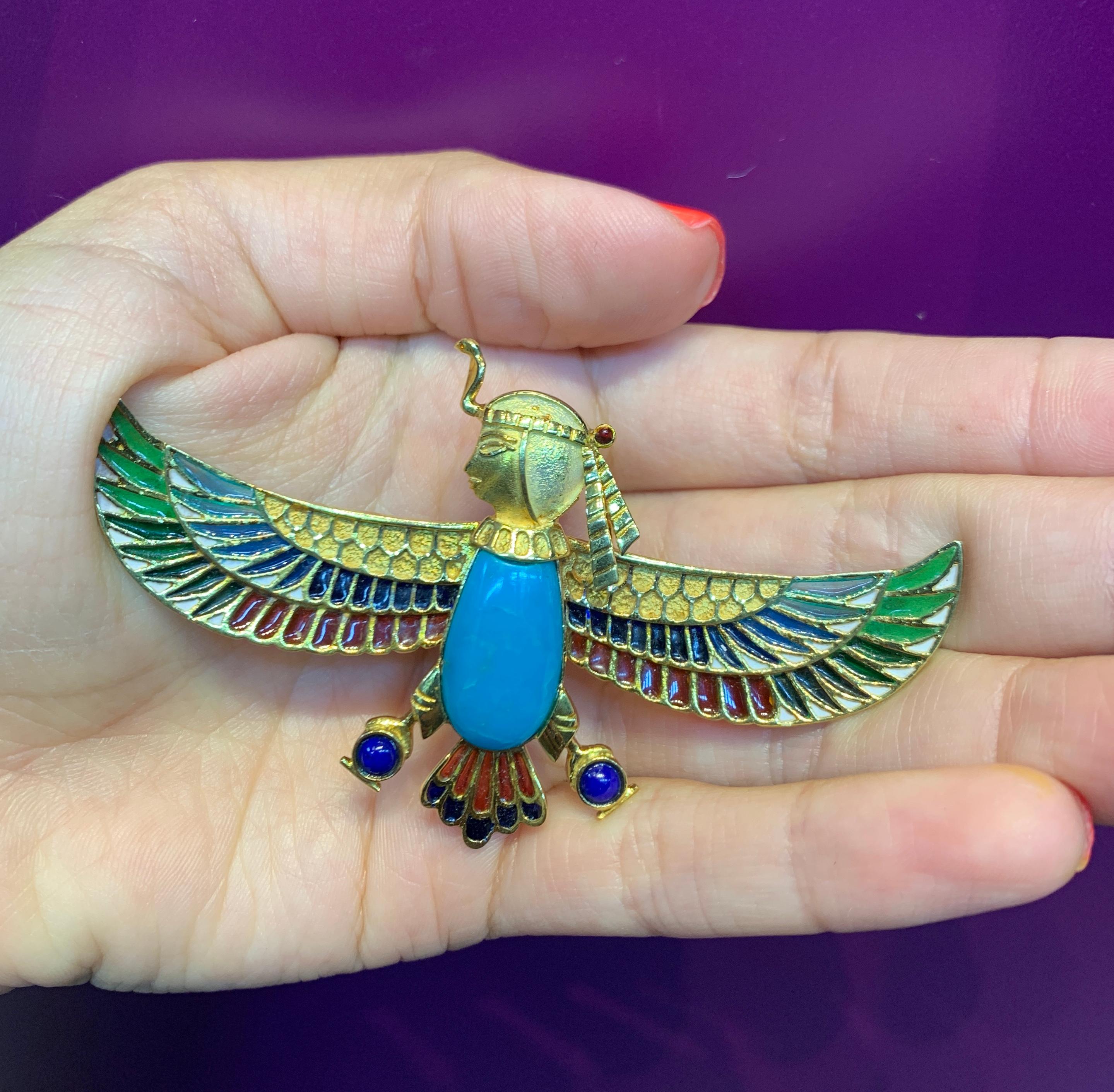 Uncut Egyptian Revival Turquoise and Plique a Jour enamel Sphinx Brooch For Sale