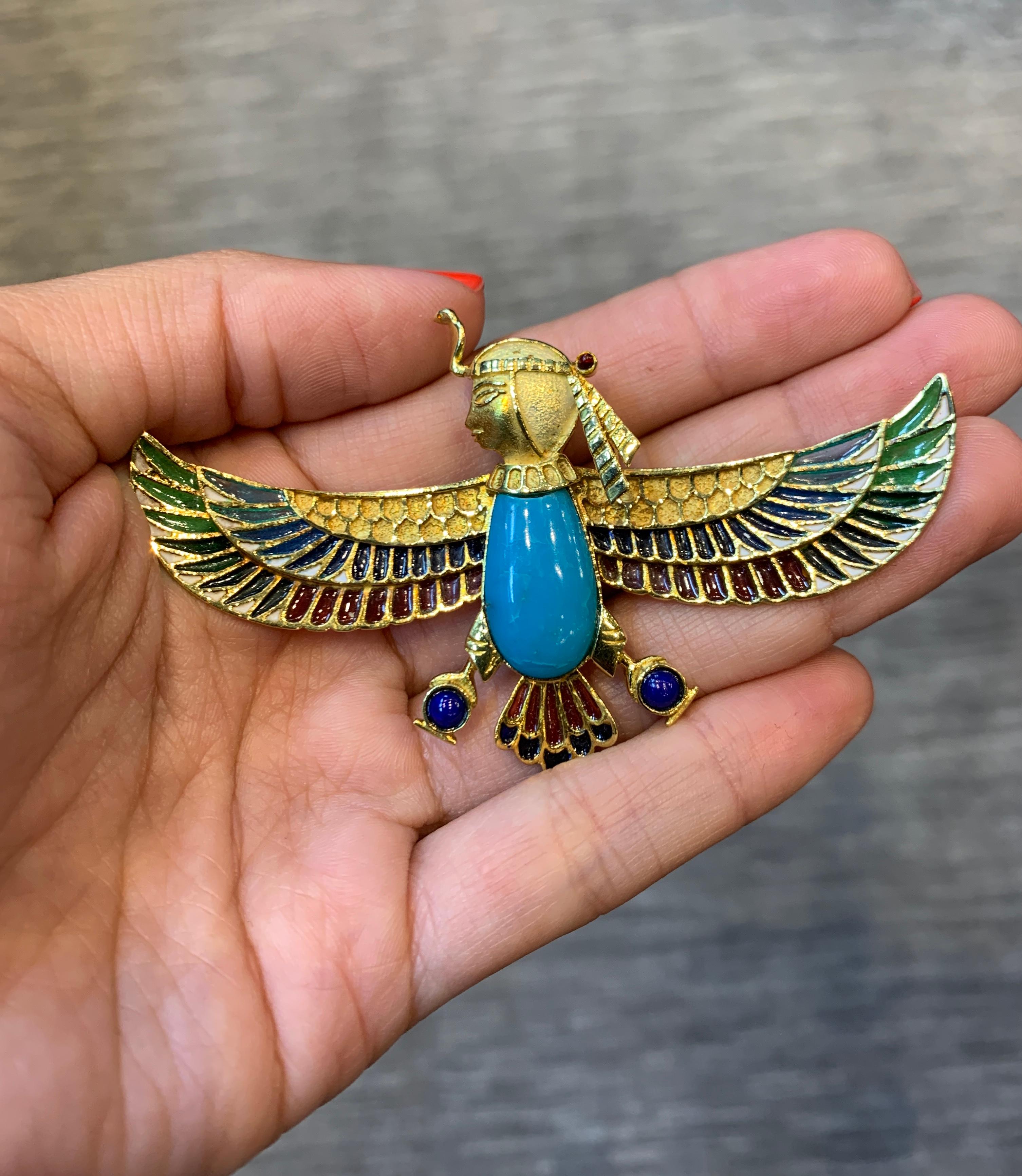 Egyptian Revival Turquoise and Plique a Jour enamel Sphinx Brooch In Excellent Condition For Sale In New York, NY
