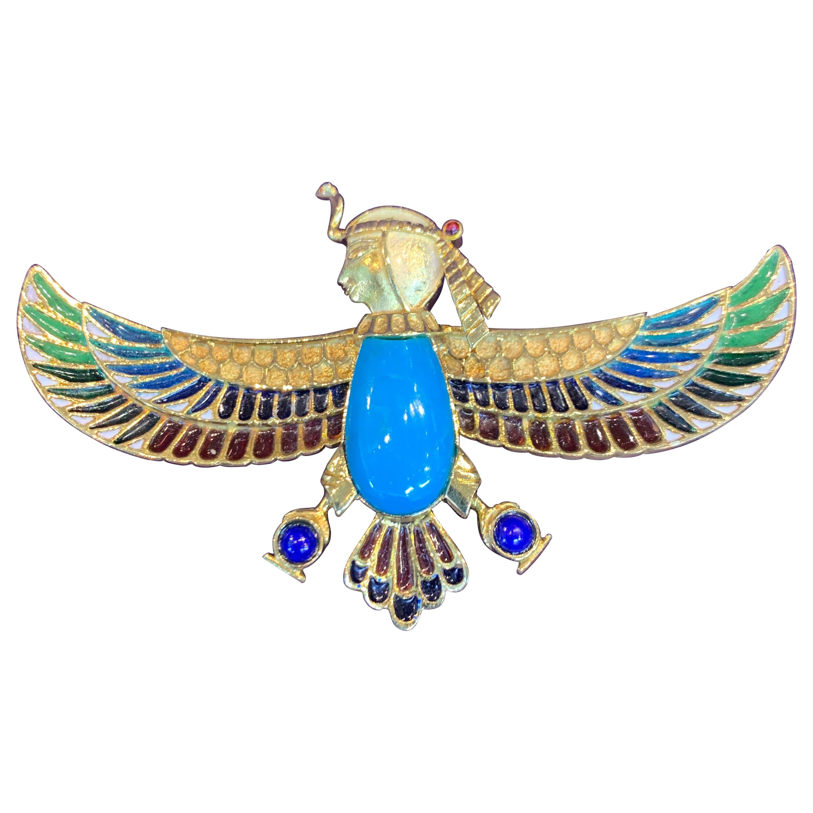 Broche sphinx de style néo-égyptien en turquoise et émail plissé « a Jour » en vente