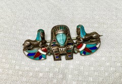 Egyptian Revival Turquoise Pharoah Sphynx Enamel Brooch Pin Art Deco Silver