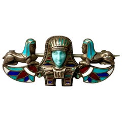 Antique Egyptian Revival Turquoise Pharoah Sphynx Enamel Brooch Pin Art Deco Silver