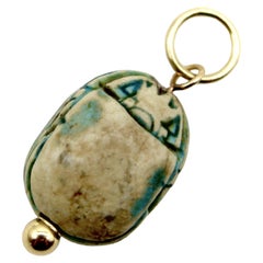 Egyptian Revival Turquoise Wash Faience Scarab Pendant with 14K Gold Mount