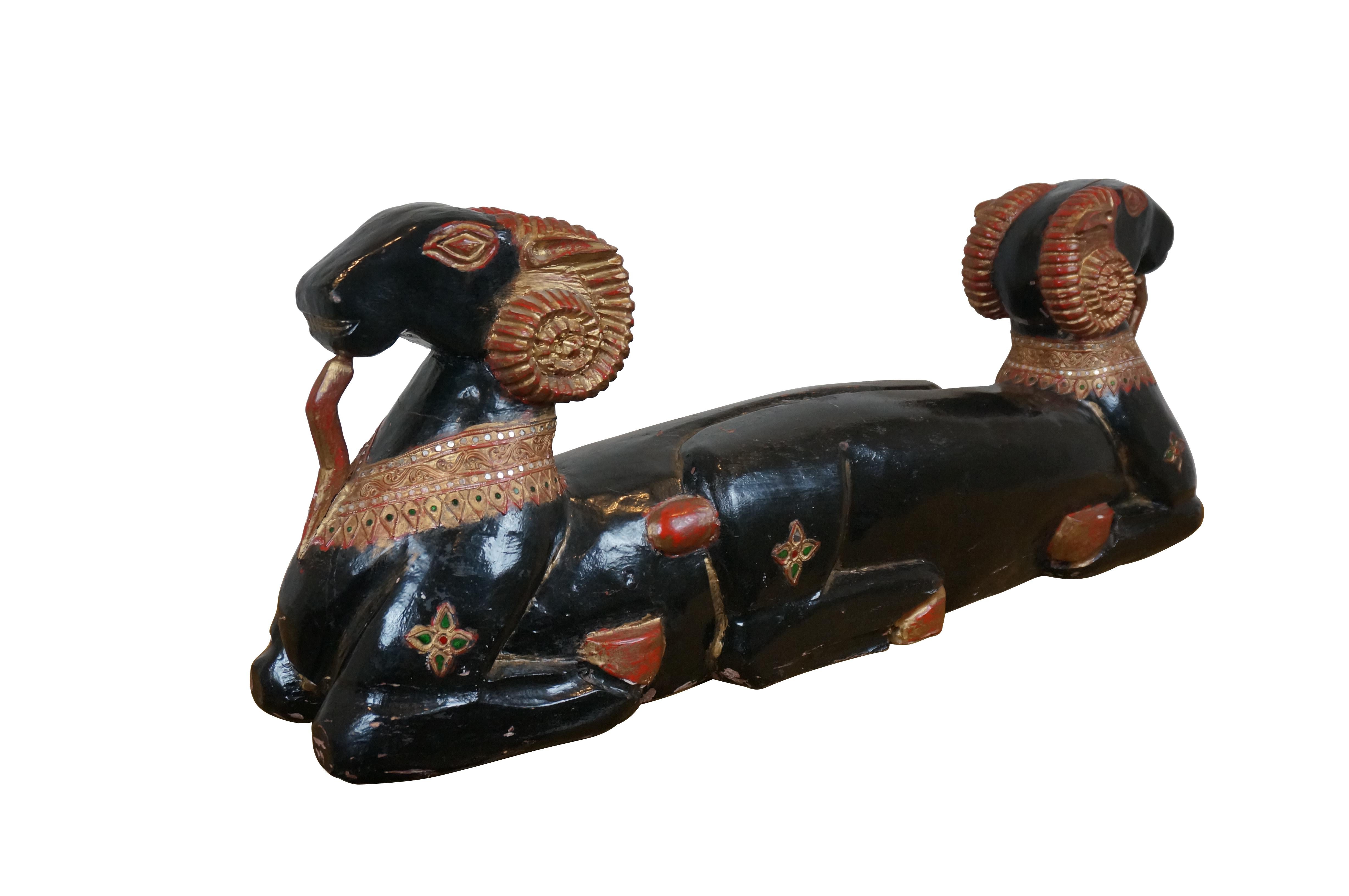 Egyptian Revival Two Headed Ram Goat Wood Carved Lacquered Sculpture 41