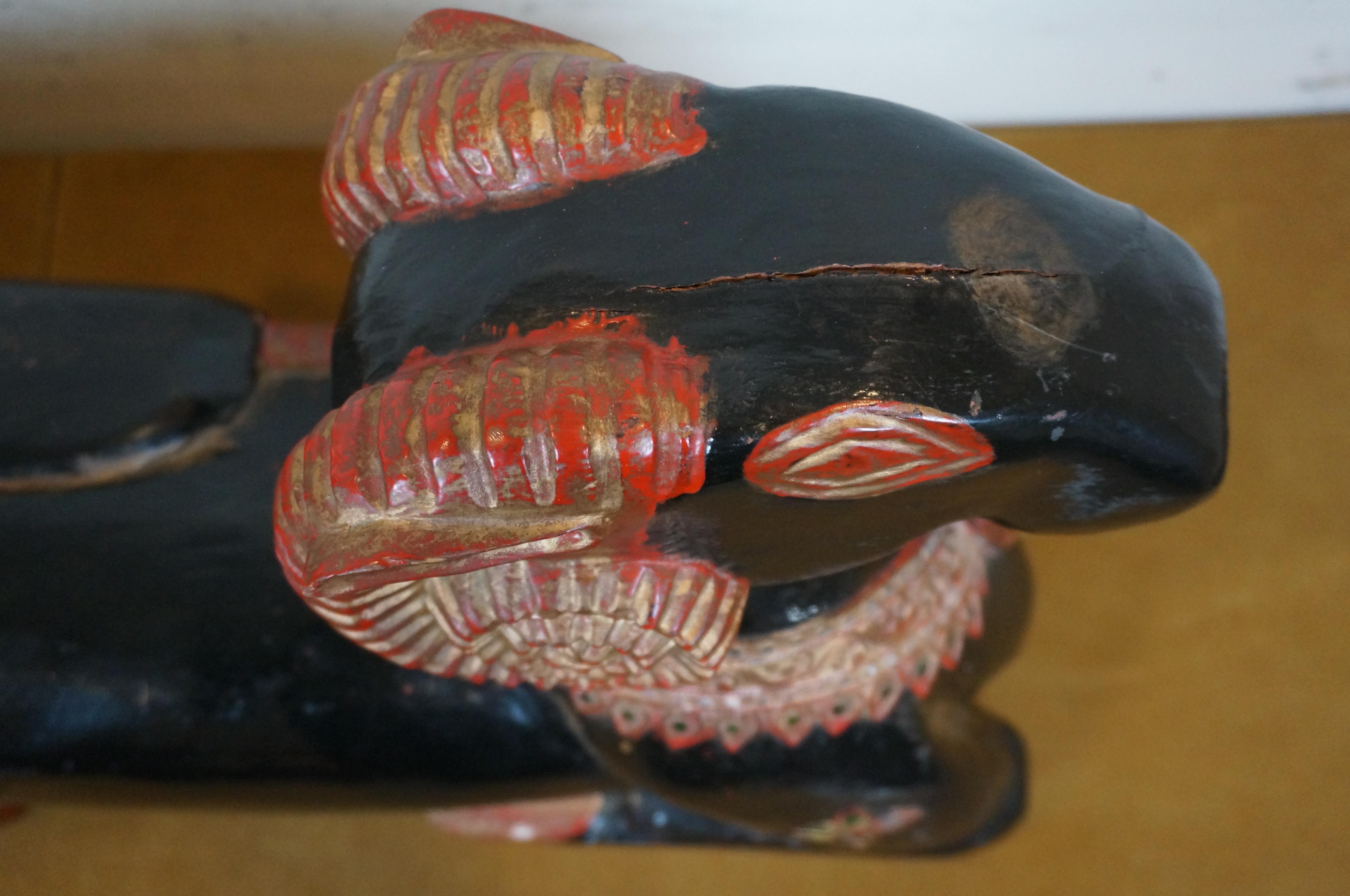 Hardwood Egyptian Revival Two Headed Ram Goat Wood Carved Lacquered Sculpture 41