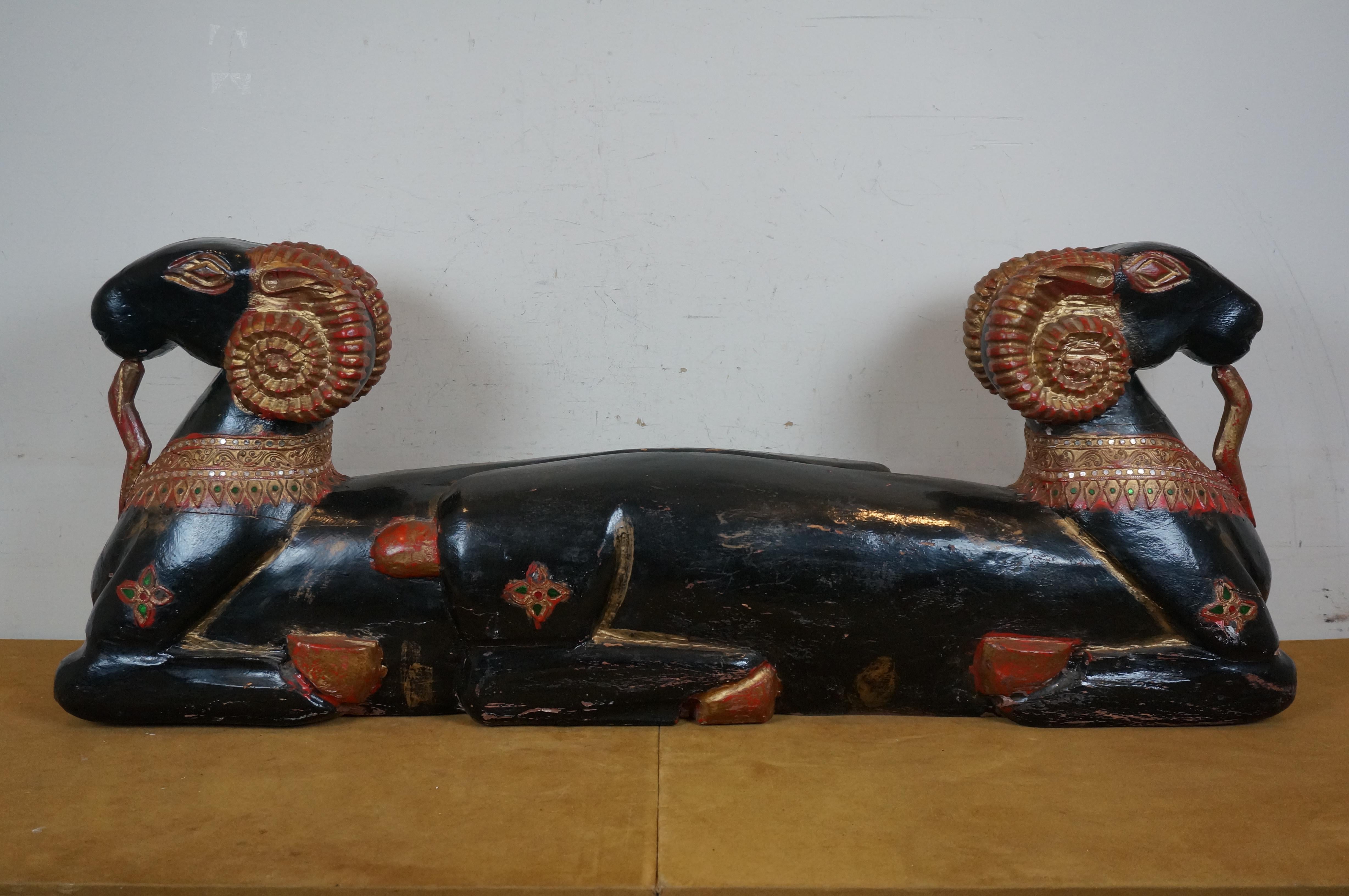 Egyptian Revival Two Headed Ram Goat Wood Carved Lacquered Sculpture 41