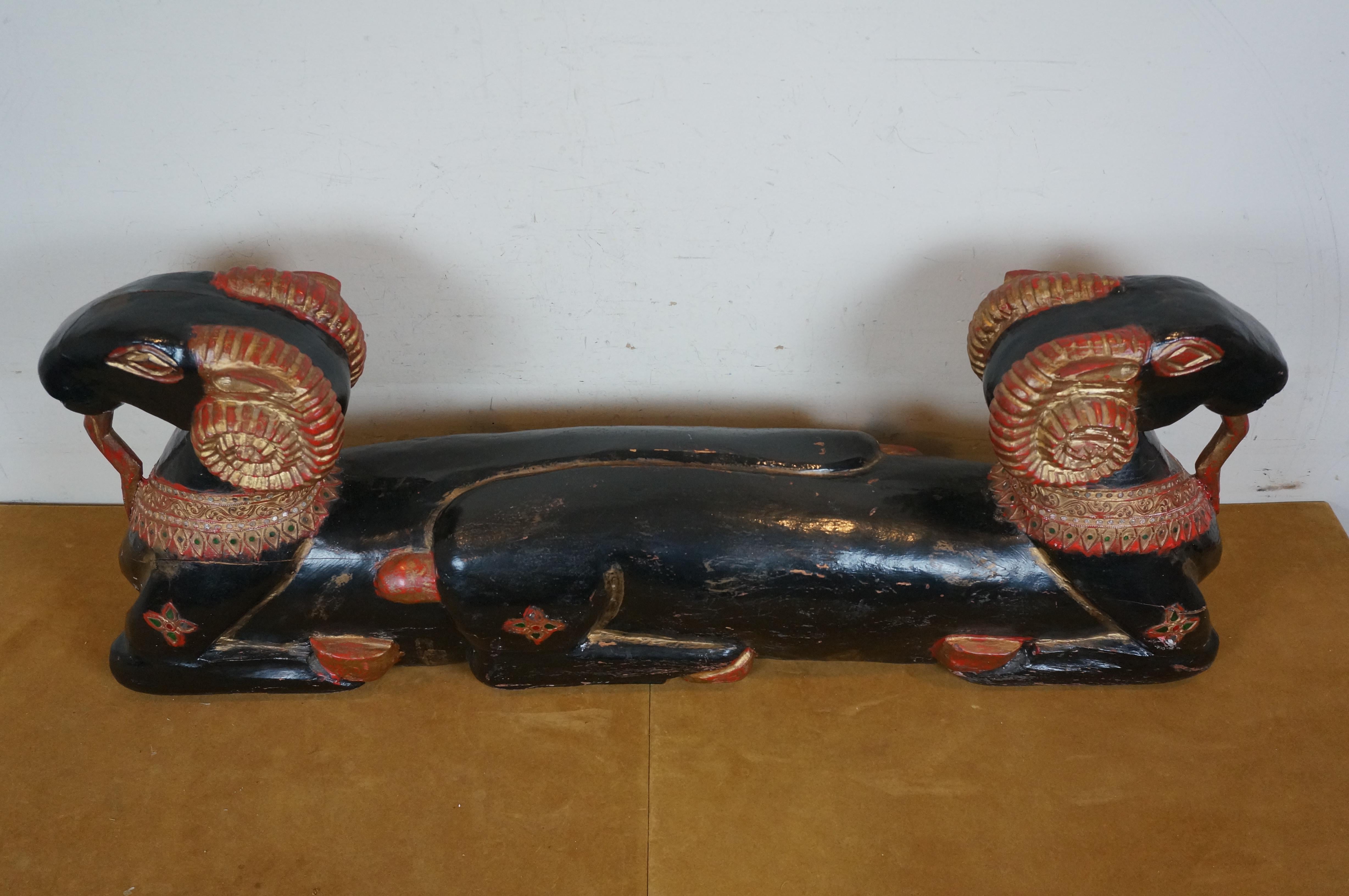 Egyptian Revival Two Headed Ram Goat Wood Carved Lacquered Sculpture 41