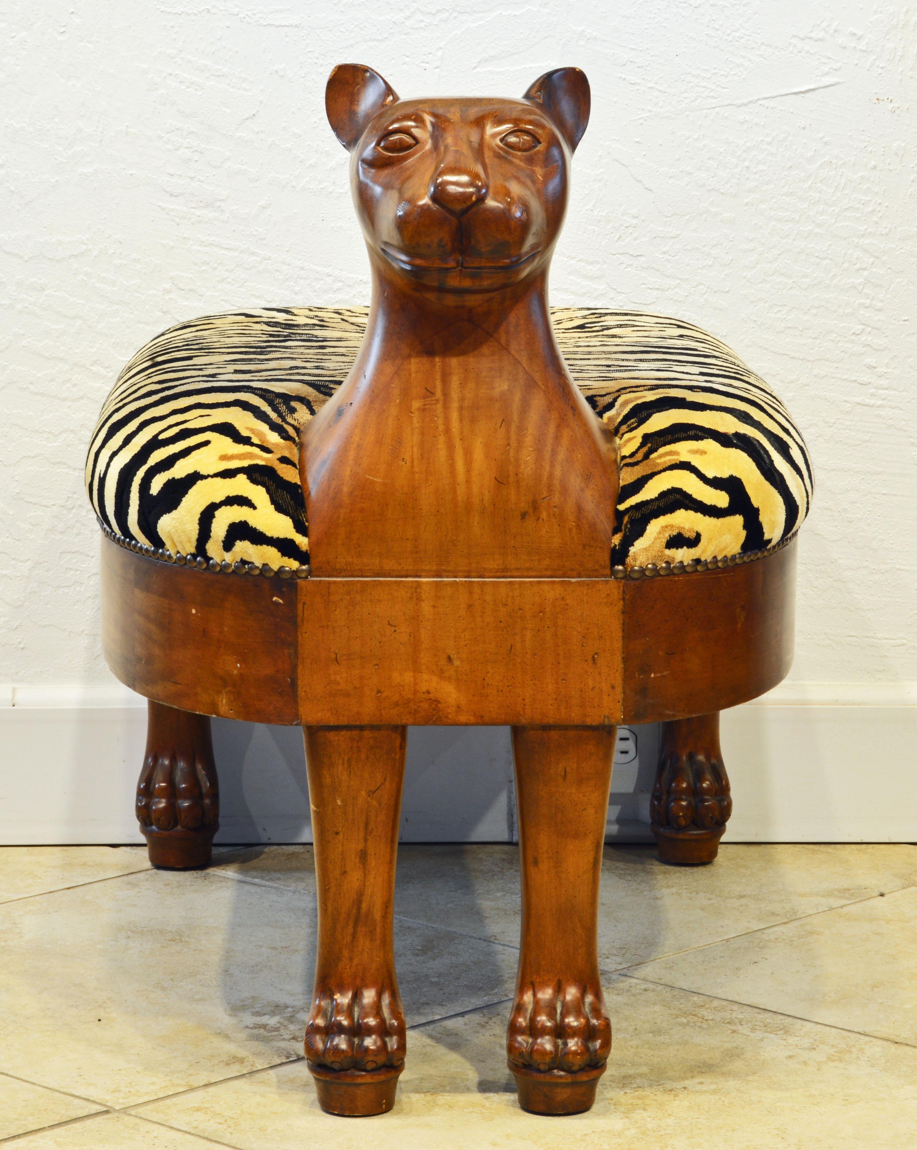 Central American Egyptian Revival Upholstered Carved Hardwood Lion Bench or Ottoman