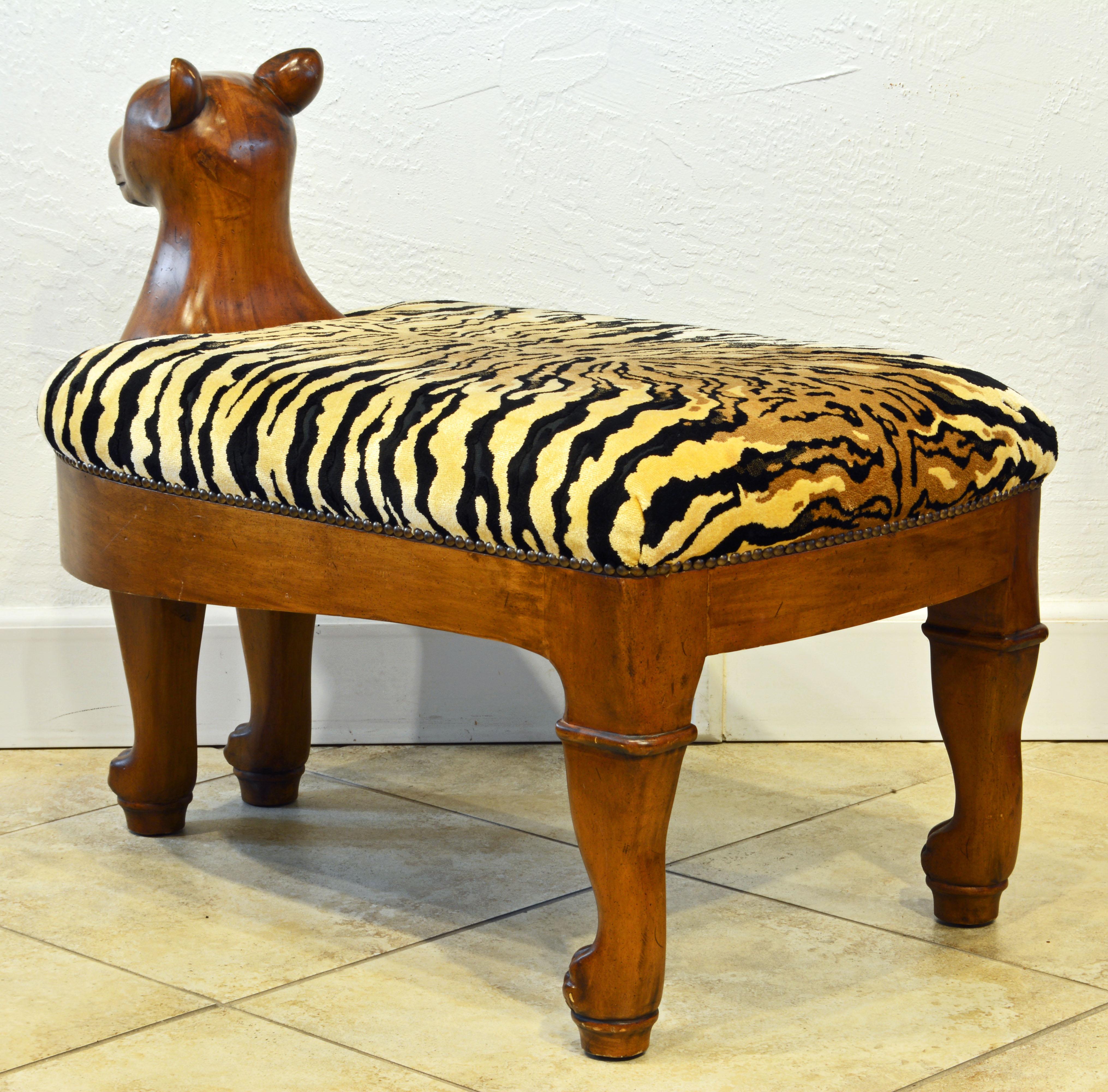 Egyptian Revival Upholstered Carved Hardwood Lion Bench or Ottoman In Good Condition In Ft. Lauderdale, FL