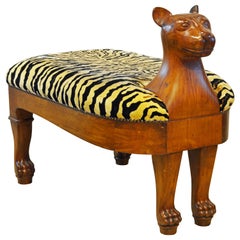 Egyptian Revival Upholstered Carved Hardwood Lion Bench or Ottoman