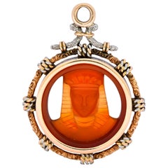 Egyptian Revival Victorian Carnelian Platinum 14 Karat Gold Pharaoh Pendant