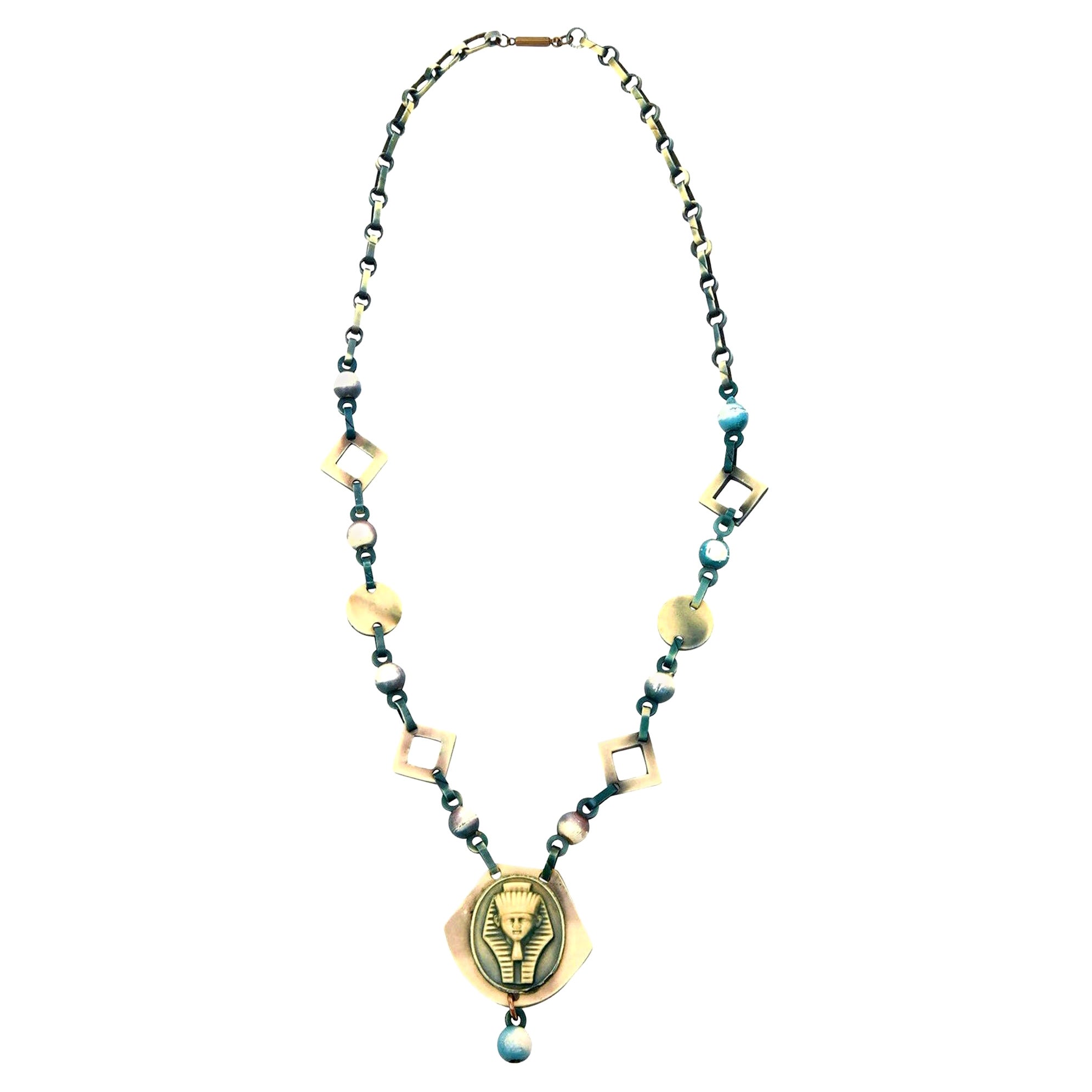 Collar de celuloide teal turquesa verde y tostado Egyptian Revival Vintage