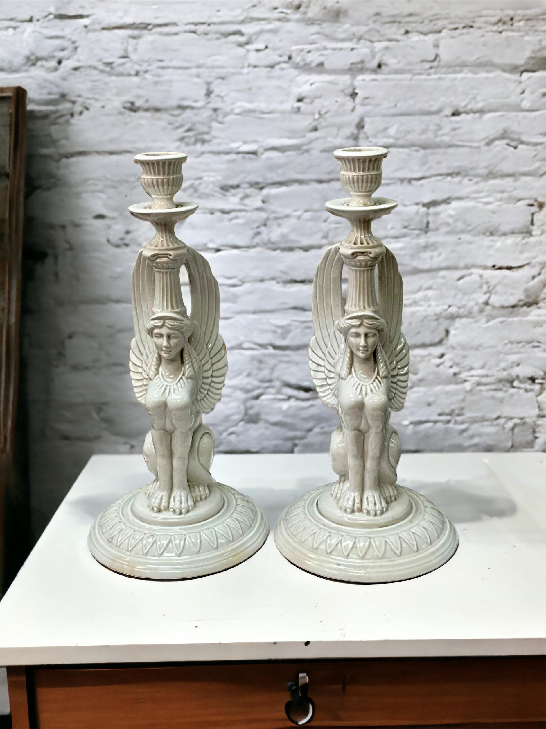 Japanese Egyptian Revival White Porcelain Sphinx Form Fitx & Floyd Candlesticks - Pair