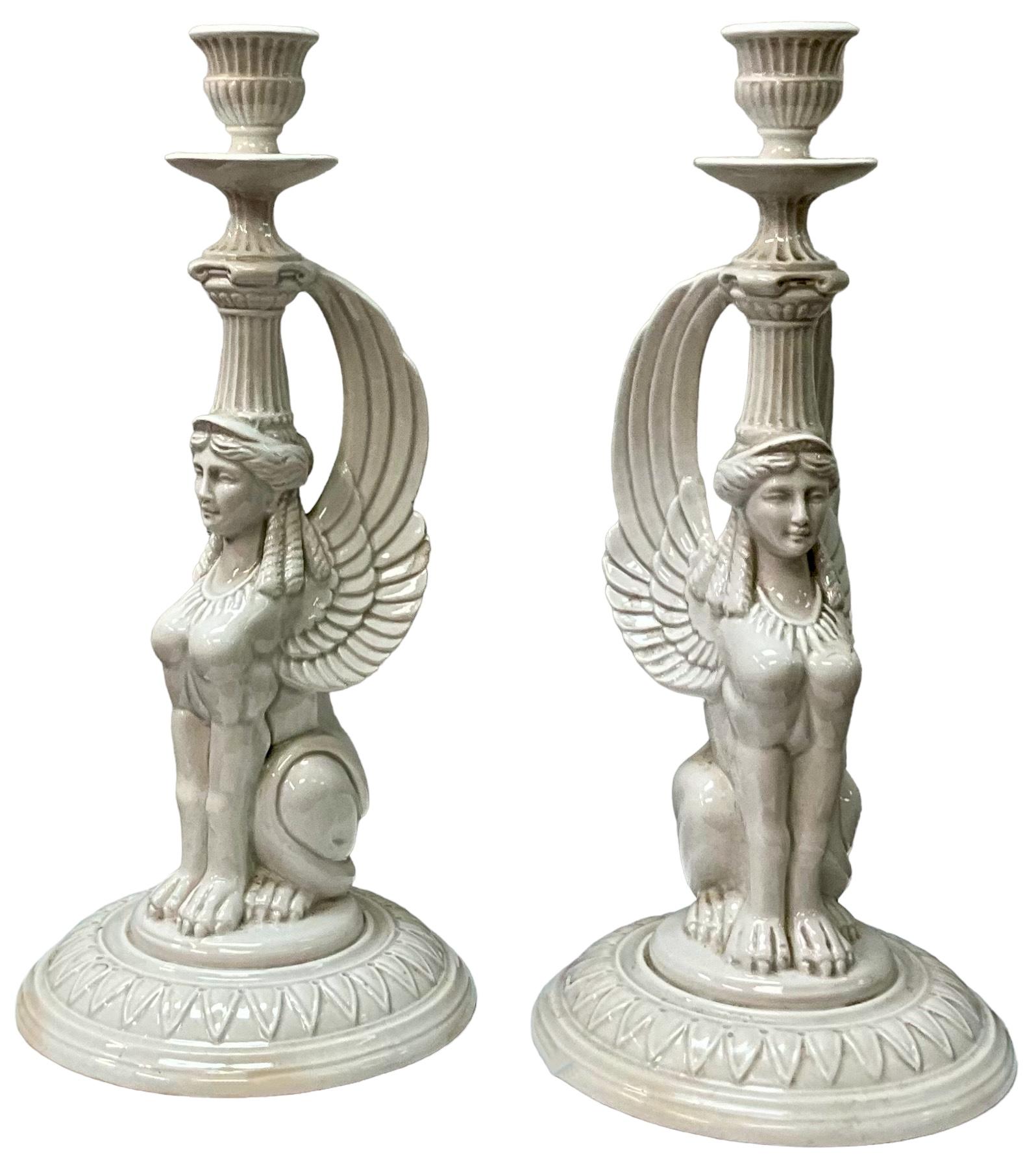 Egyptian Revival White Porcelain Sphinx Form Fitx & Floyd Candlesticks - Pair In Good Condition In Kennesaw, GA