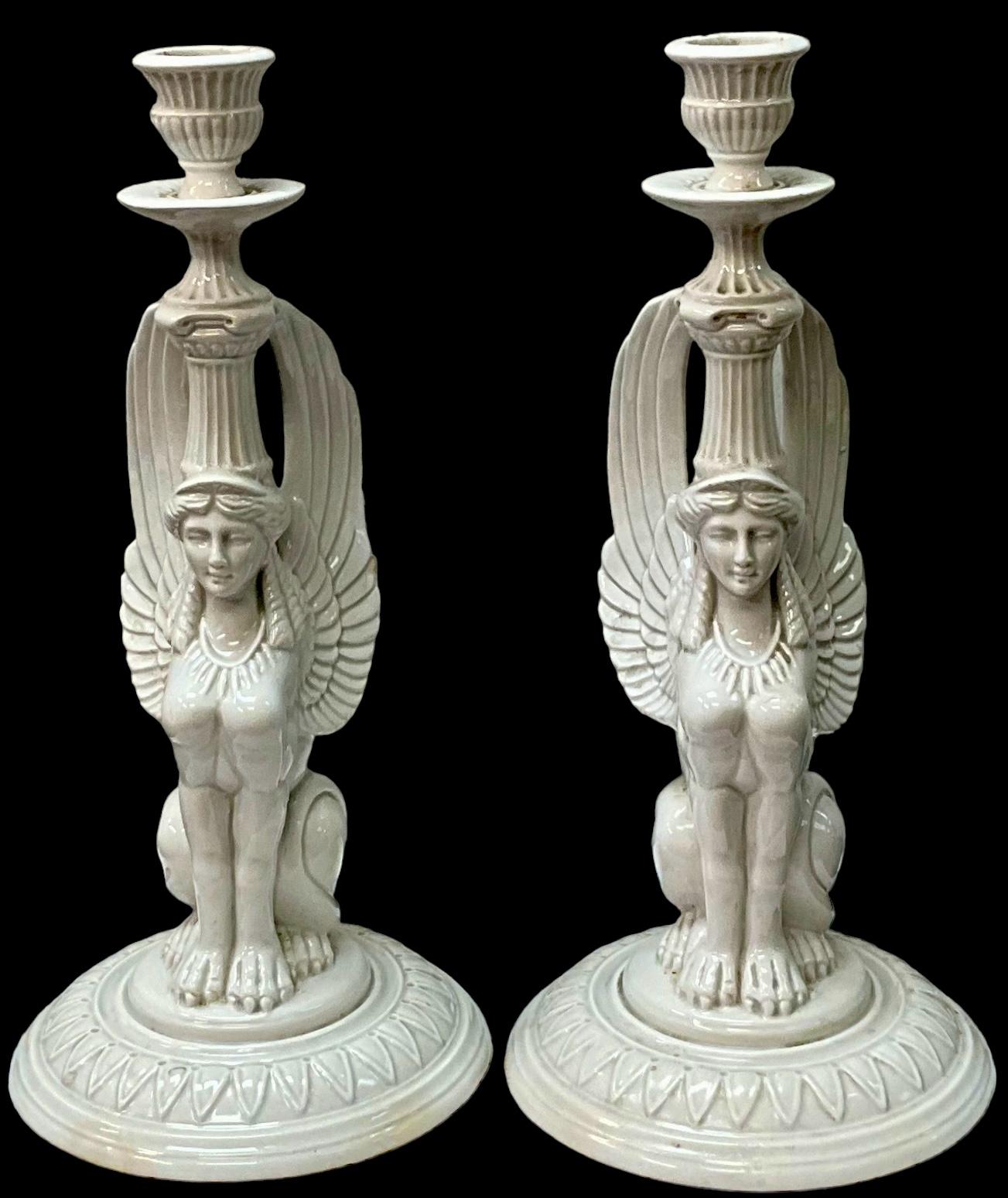 Late 20th Century Egyptian Revival White Porcelain Sphinx Form Fitx & Floyd Candlesticks - Pair