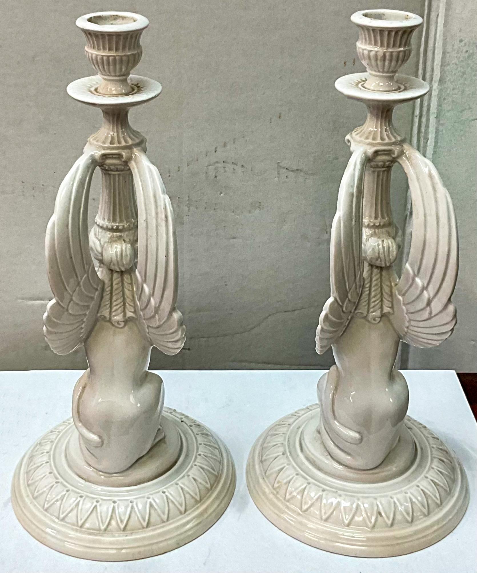 Egyptian Revival White Porcelain Sphinx Form Fitx & Floyd Candlesticks - Pair 2
