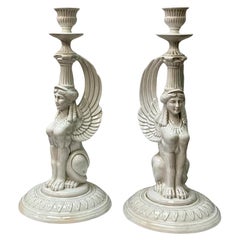 Retro Egyptian Revival White Porcelain Sphinx Form Fitx & Floyd Candlesticks - Pair