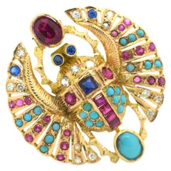 Egyptian Revival Winged Scarab Diamonds Ruby Sapphire Turquoise 18 Karat Gold