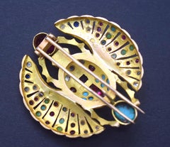 Egyptian Revival Winged Scarab Diamonds Ruby Sapphire Turquoise 18 Karat Gold