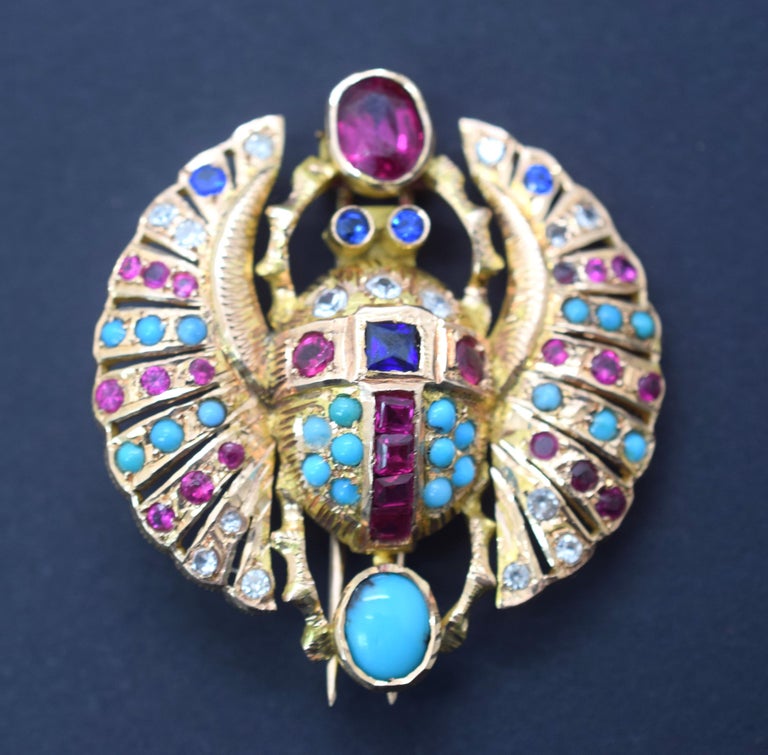 Egyptian Revival Winged Scarab Diamonds Ruby Sapphire Turquoise 18 ...
