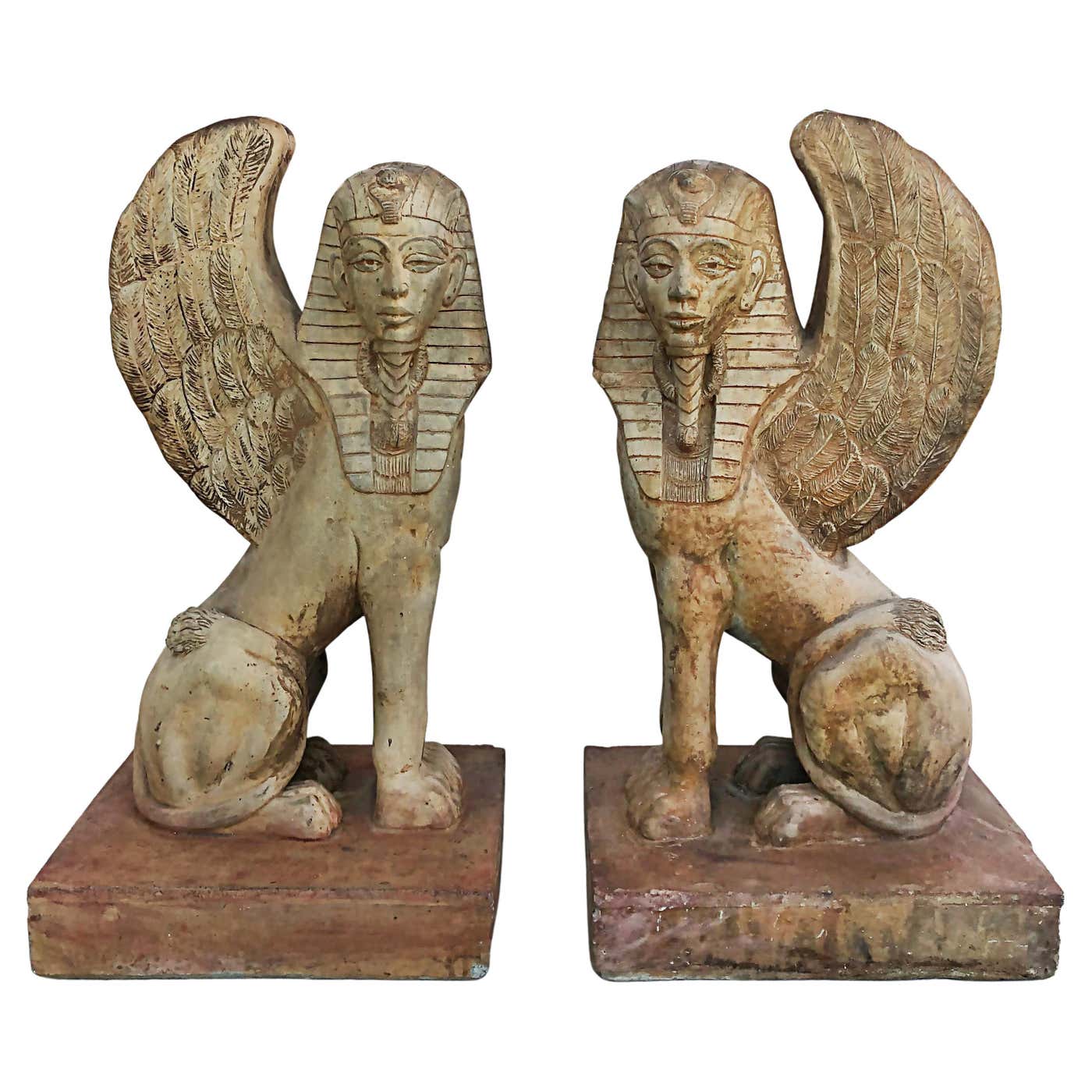 Egyptian Revival Winged Sphinx Garden Sculptures Ornaments A Pair For egyptian-revival-winged-sphinx-garden-sculptures-ornaments-a-pair-for
