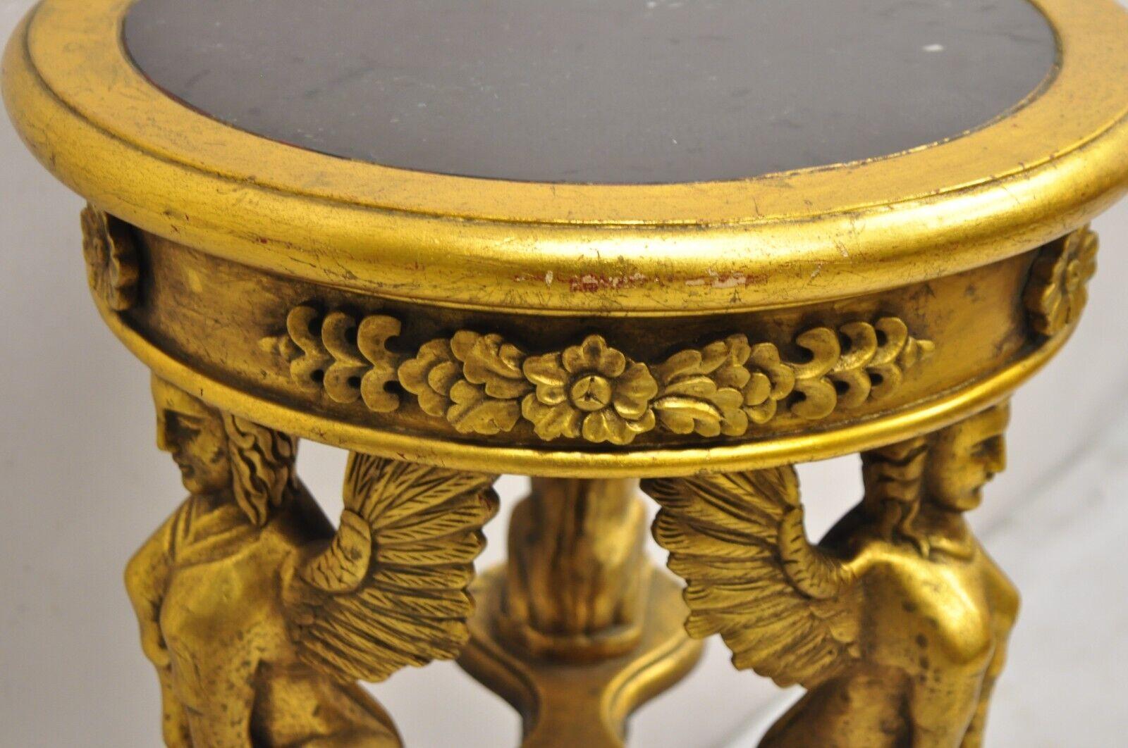 Egyptian Revivial Gold Giltwood Round Marble Top Figural Pedestal Plant Stand For Sale 2
