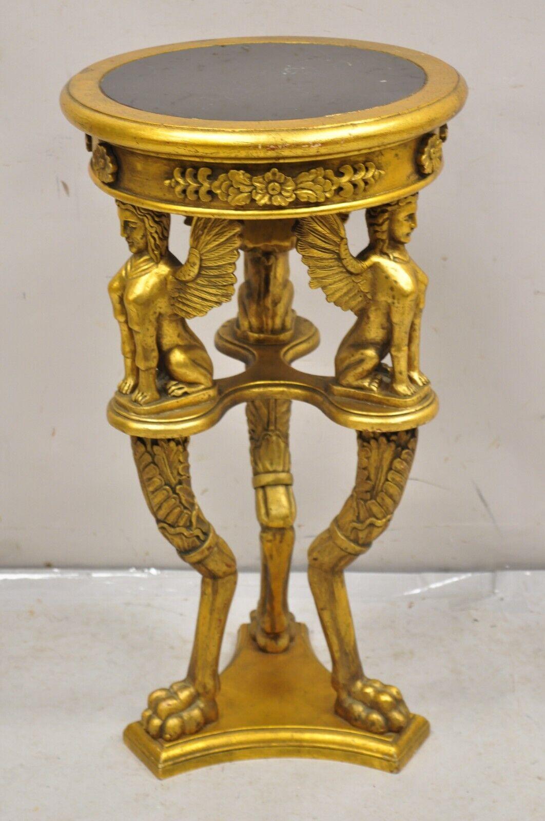 Egyptian Revivial Gold Giltwood Round Marble Top Figural Pedestal Plant Stand For Sale 3