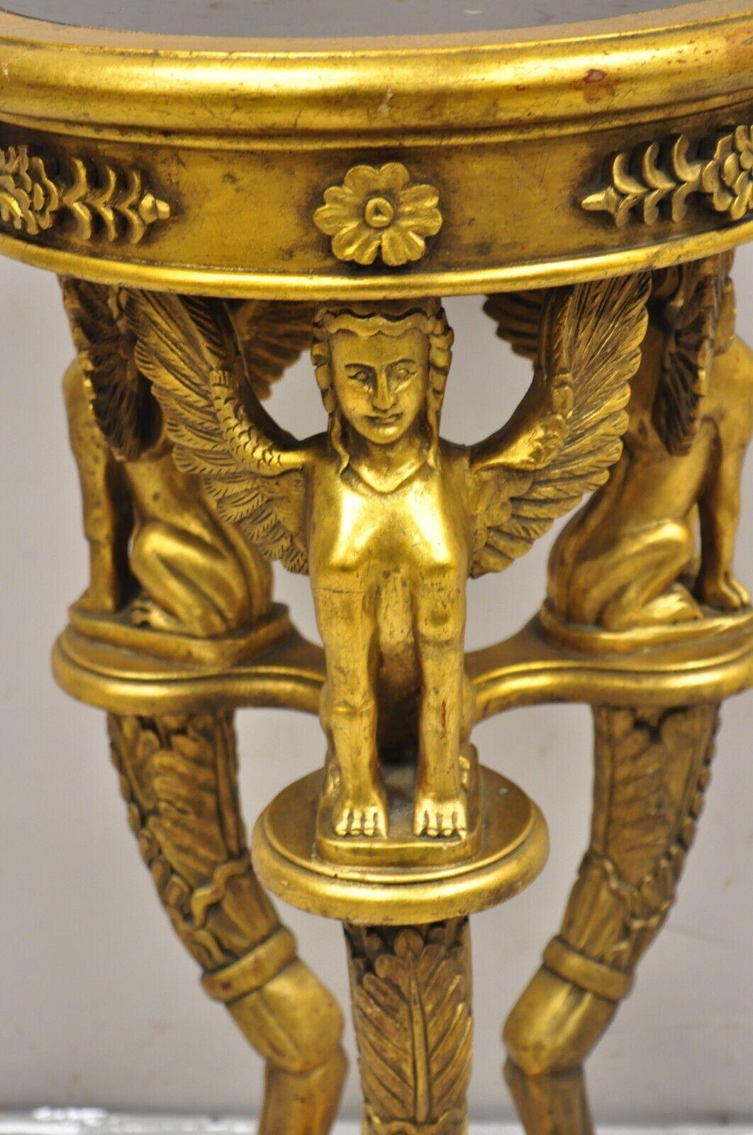 Egyptian Revivial Gold Giltwood Round Marble Top Figural Pedestal Plant Stand In Good Condition For Sale In Philadelphia, PA