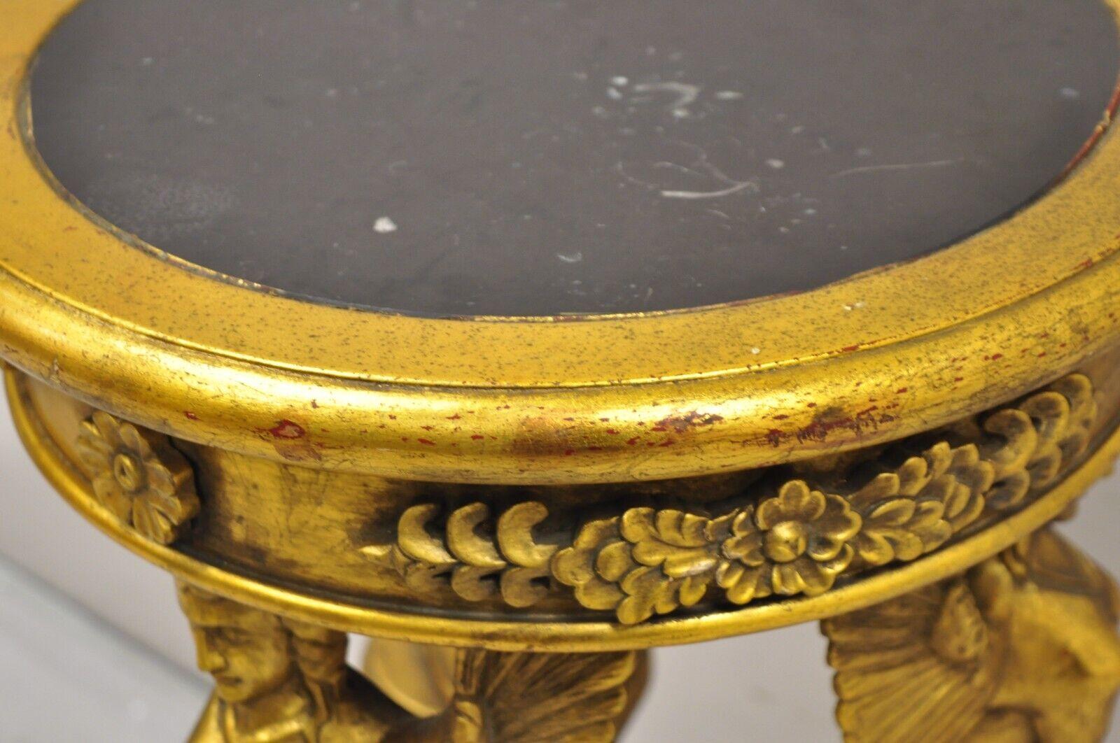 Pottery Egyptian Revivial Gold Giltwood Round Marble Top Figural Pedestal Plant Stand For Sale