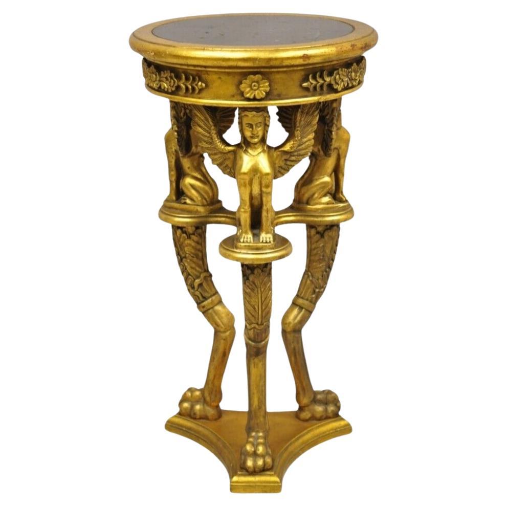 Ägyptische Revivial Gold Giltwood Runde Marmor Top Figural Pedestal Plant Stand