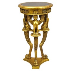 Antique Egyptian Revivial Gold Giltwood Round Marble Top Figural Pedestal Plant Stand