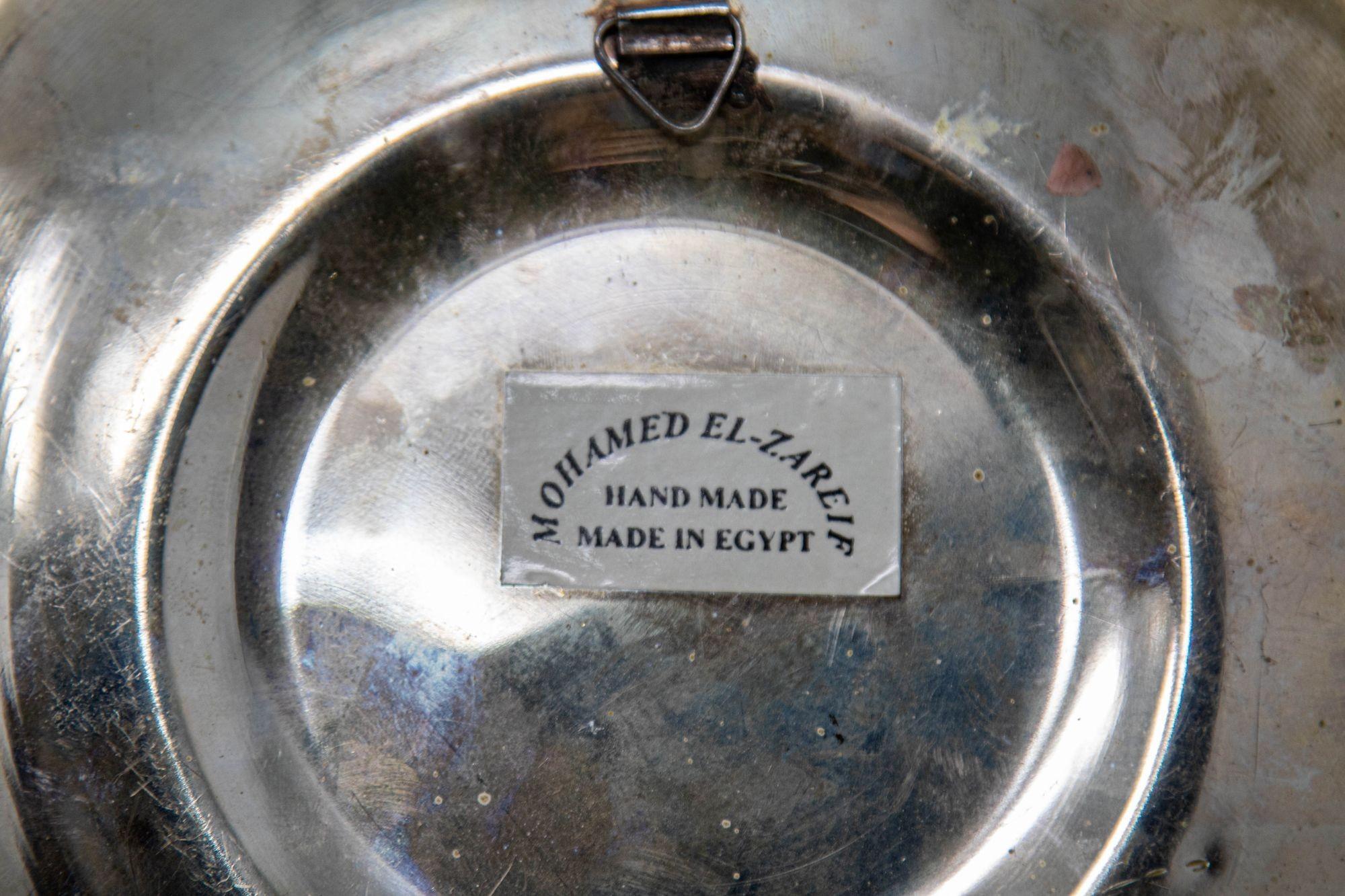Egyptian Round Brass Tray with Silver and Copper Overlay Wall Hanging 1970 For Sale 5