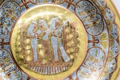Egyptian Round Brass Tray with Silver and Copper Overlay Wall Hanging 1970