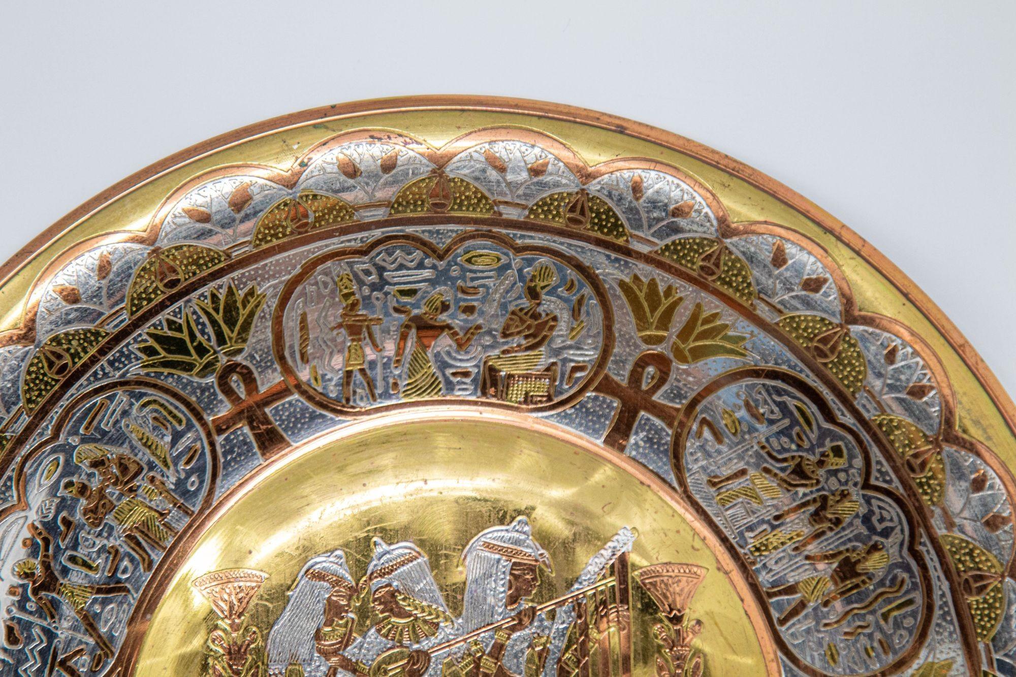 Etched Egyptian Round Brass Tray with Silver and Copper Overlay Wall Hanging 1970 For Sale