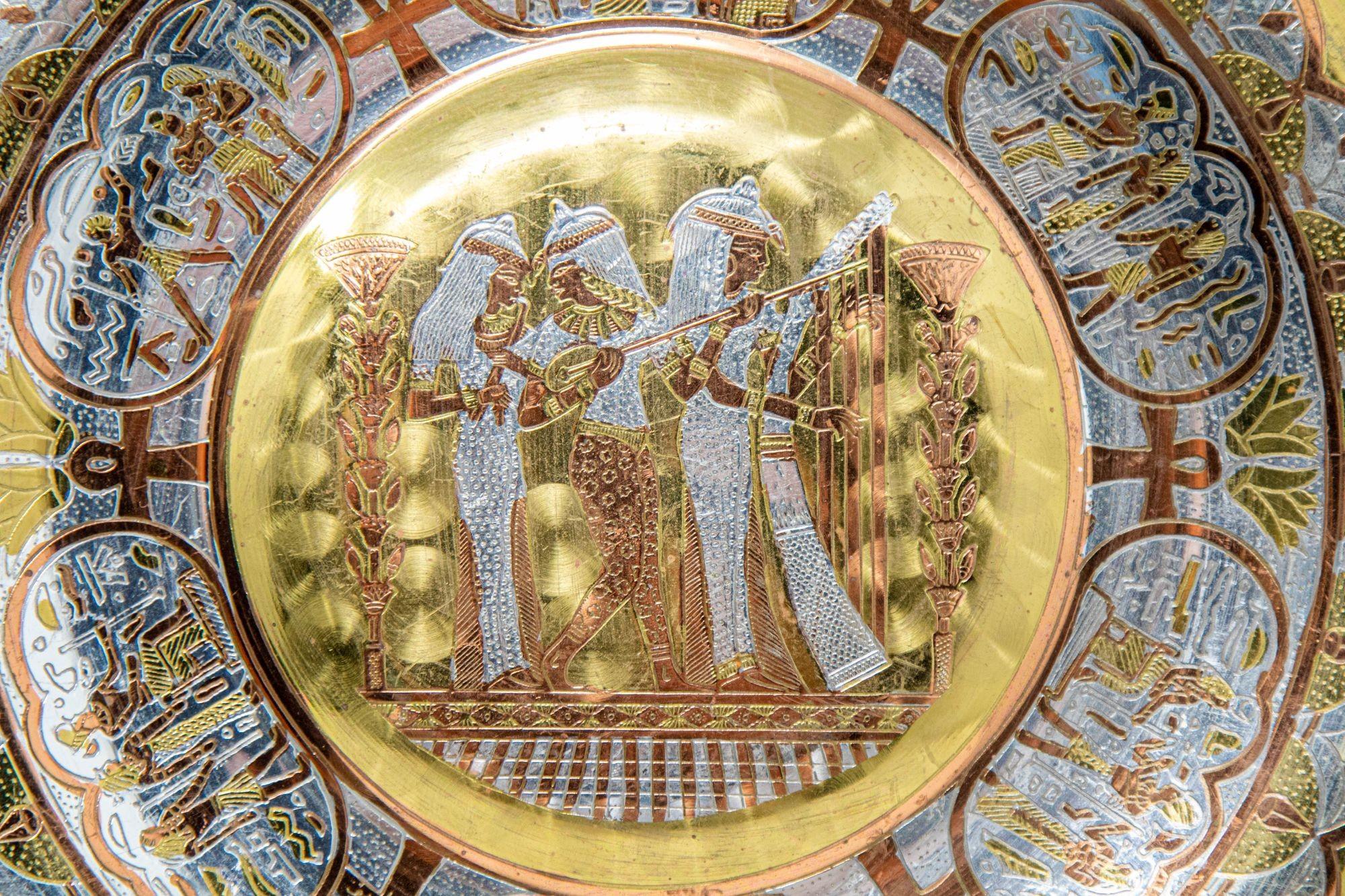 Metal Egyptian Round Brass Tray with Silver and Copper Overlay Wall Hanging 1970 For Sale
