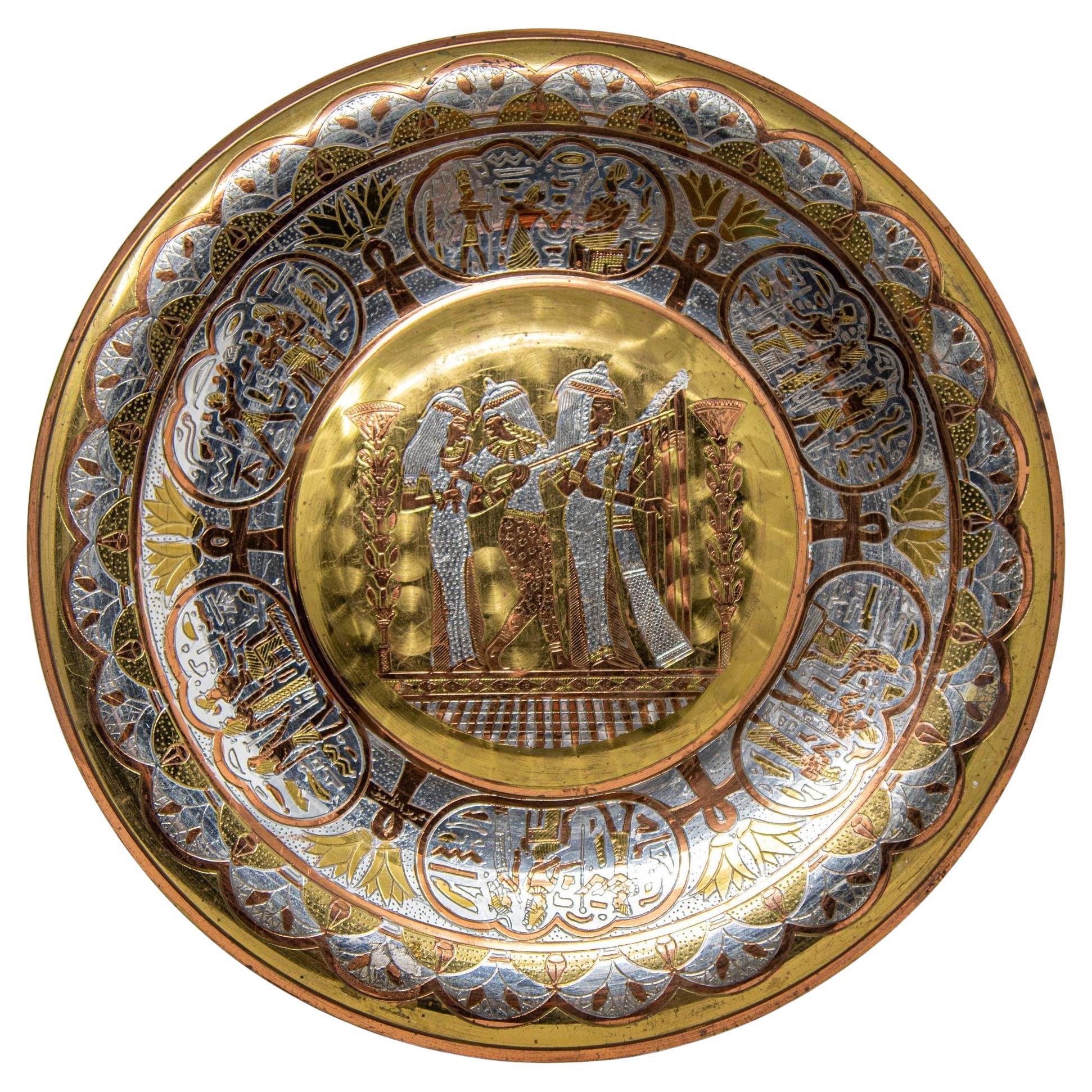 Egyptian Round Brass Tray with Silver and Copper Overlay Wall Hanging 1970